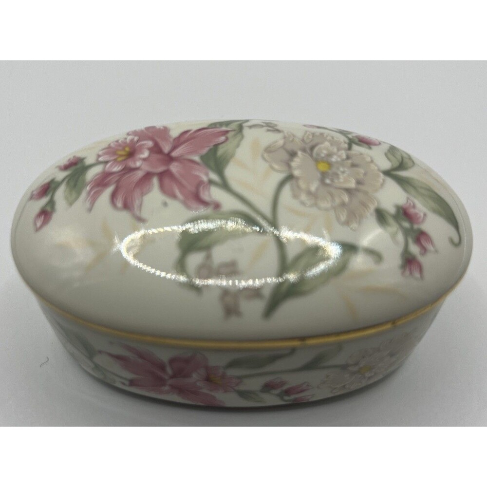 Vintage Otagiri Prima Oval Lidded Trinket Box Floral Gold Trim Japan